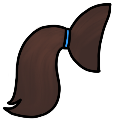 a medium-length ponytail of straight brown hair, tied with a blue hairtie.